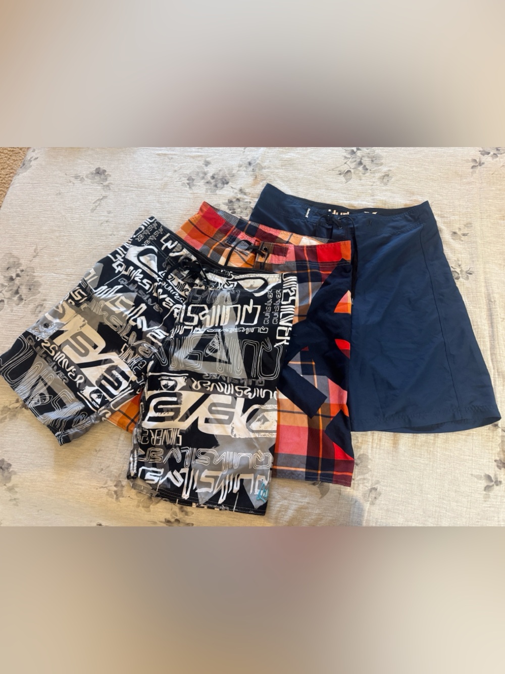 Mens 3-Pack Swim Shorts in Black & white, Navy & Orange Plaid